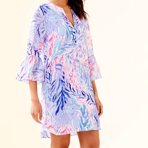 HP 9/22 🎉🎊 Lightly worn Lilly Pulitzer pink & blue corral print silk dress - Picture 2 of 10